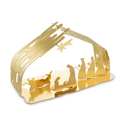 bark crib nativity scene in 18/10 stainless steel, golden